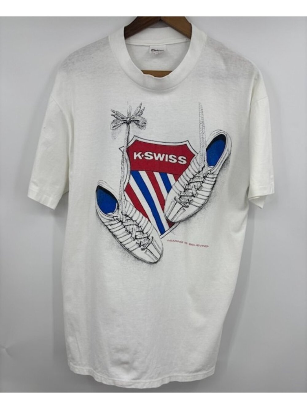 VTG K-Swiss White Kristy McNichol Celebrity Tennis Classic T-Shirt Size L 42-44